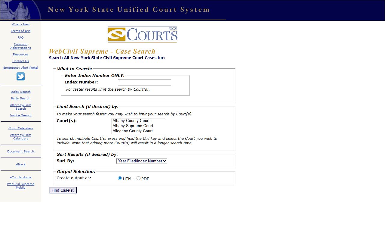 WebCivil Supreme search interface for Dutchess County court records