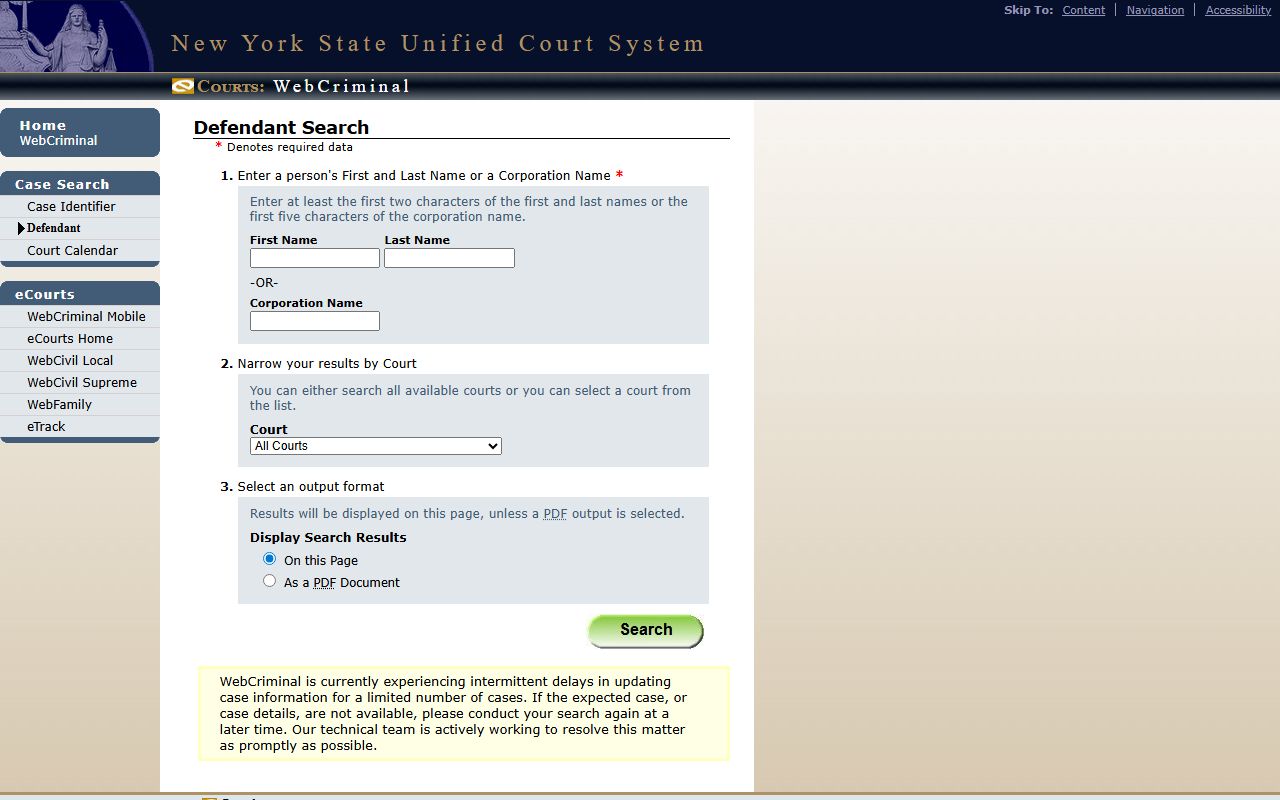 WebCriminal defendant search portal for Dutchess County court dockets