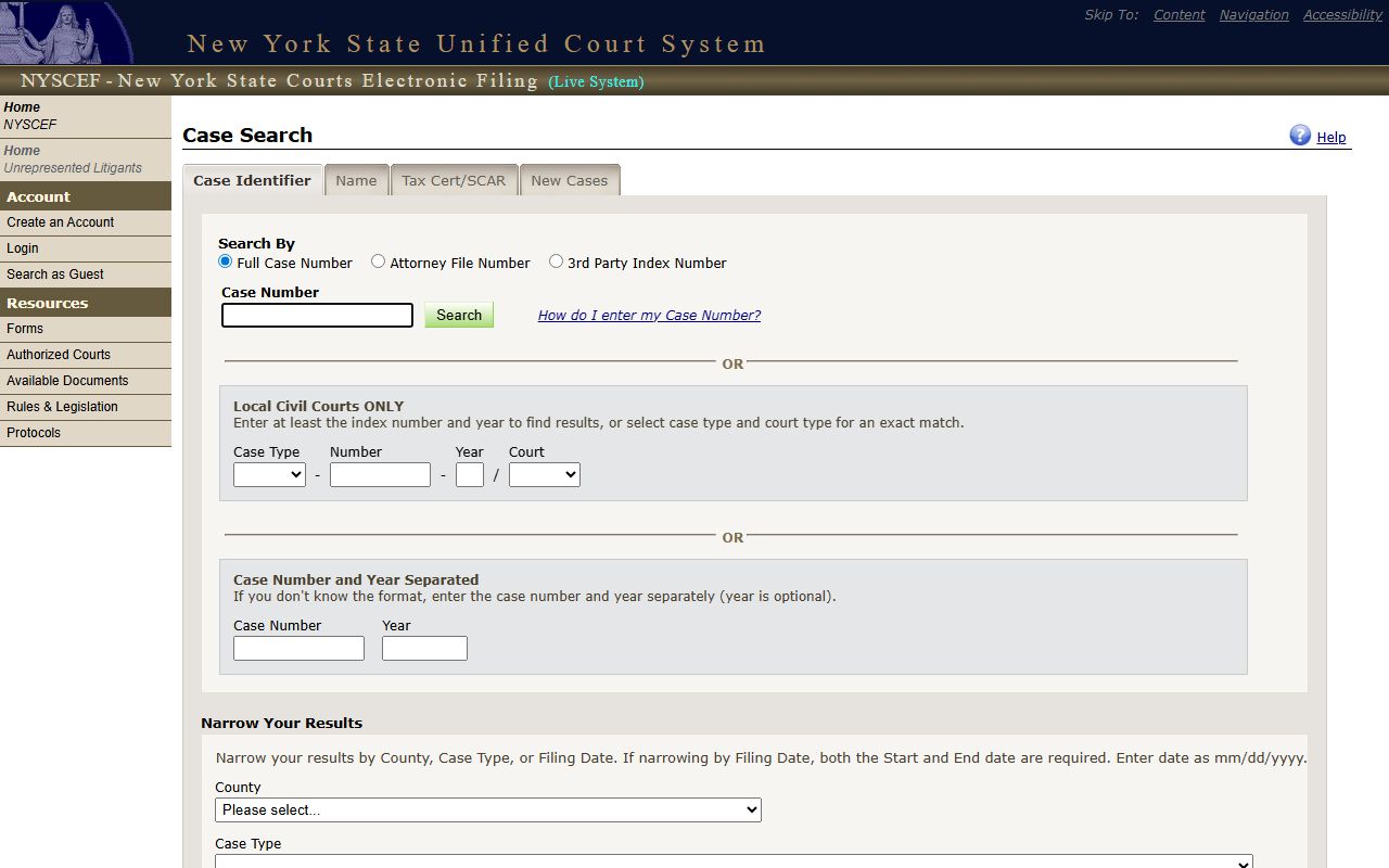 NYSCEF case search interface for Dutchess County court dockets