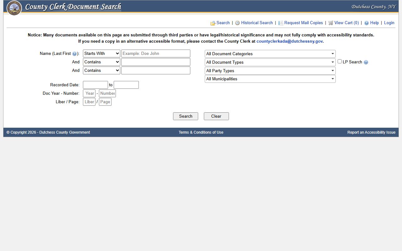 Dutchess County Clerk Document Search interface for court and land records