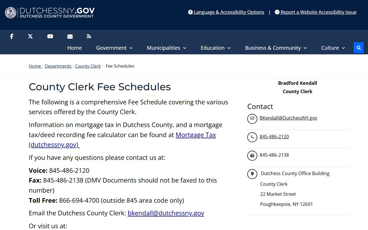 Dutchess County Clerk fee schedule for copies and certified copies