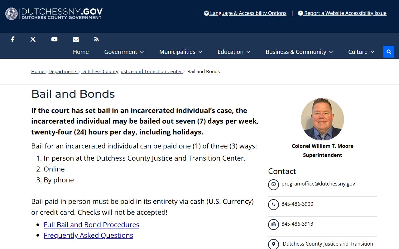 Dutchess County jail bail and bond page tied to warrant holds