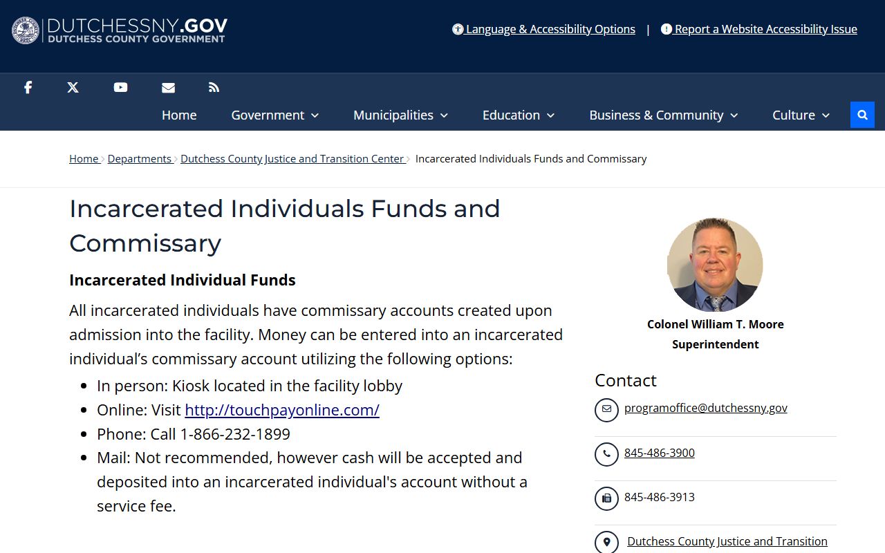 Dutchess County jail funds and commissary page for inmate accounts