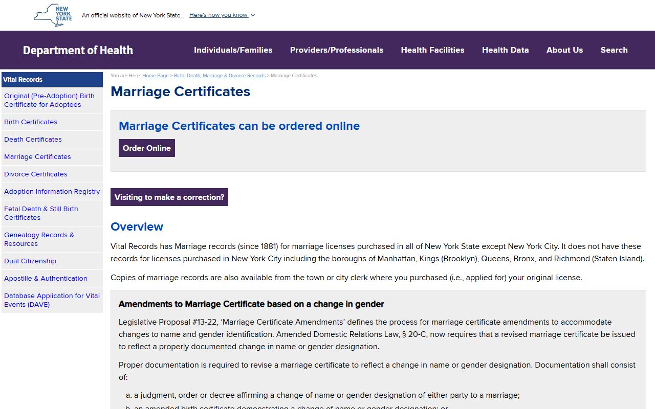 New York State Department of Health marriage record information for Dutchess County