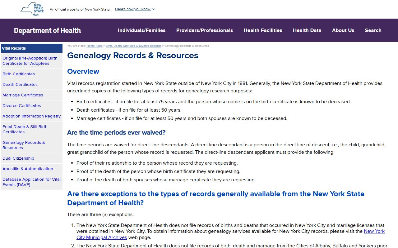 New York State Department of Health genealogy vital records rules for Dutchess County