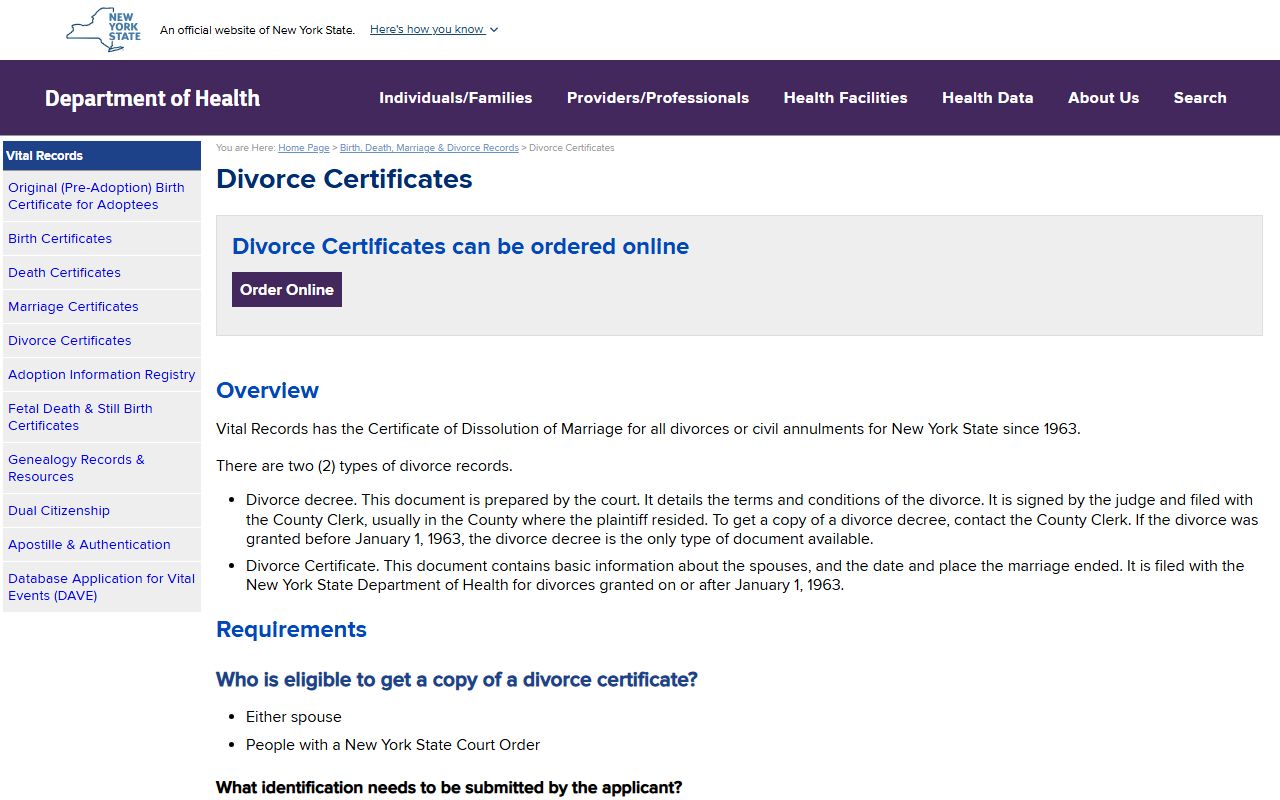 New York State Department of Health divorce certificate information for Dutchess County