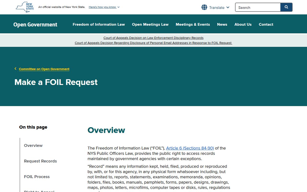 New York Committee on Open Government FOIL request page for Dutchess County public records